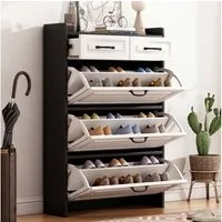 Flieks Schuhschrank (B80/T23,5/H131 cm, 1-St., für ca. 18 Paar Schuhe) Schuhkommode mit 3 Klappen und 2 Schubladen Schuhregal schwarz&weiß
