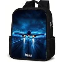 NoBoringSuitcases.com© Rucksack Ein Flugzeug hebt in einer futuristischen Nachtlandschaft ab, Kinderrucksack Schwarz, Schulrucksack, Freizeitrucksack Jungen Mädchen