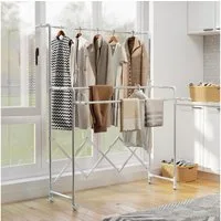 HOMCOM Wäscheständer Edelstahl Turmwäscheständer auf Rollen, mit 3 verstellbaren Stangen, für Lange Kleidungsstücke, für Wohnung, 104-150x103x145-197cm, Silber