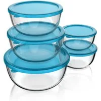 Arendo Salatschüssel 5x Glasschüsseln + Deckel 1L, 1,5L, 2L, 2,7L & 4,4L, Glas Rührschüssel, Glas, (5er Set, 5-tlg), Glasschale, BPA-frei, Spülmaschinen und Mikrowellen geeignet