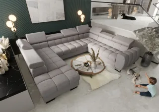 Wohnlandschaft Schlafsofa BASTIEN XL in Stoff Moly Hellgrau Ottomane Links