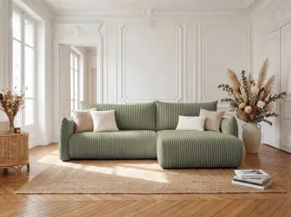 Ecksofa Schlafsofa MAILAND in Stoff Tilia Olivgrün Ottomane Rechts