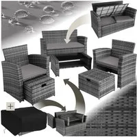 tectake Sitzgruppe Rattan Gartengarnitur mit Stauraum, (Rattan sitzgruppe Modena, 6-tlg., in Grau), wetterfestes Polyrattan und Schutzhaube