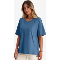 Imily Bela Kurzarmshirt Damen mit V-Ausschnitt Halbarm Seitenschlitzen Casual Loose (Packung, 1-tlg., 1per-Pack) mit Teilungsnähte in Unifarbe