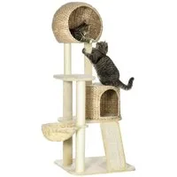 PawHut Kratzbaum Katzenbaum mit Katzenhaus, Katzenkratzbaum, Plüsch, Beige, 60B x 60T x 150H cm