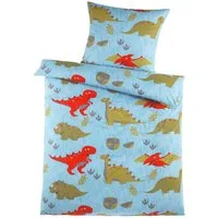 KH-Haushaltshandel Bettwäsche 2-tlg. Biber Motiv Winter Bettwäsche 135 x 200 +80x80 cm, Dinosaurier, Biber, 2 teilig, blau, mit farbigen Dinos, Baumwollmischgewebe flauschig weich und warm