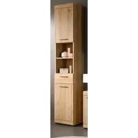 Inn.Furn Hochschrank Shawn (Badschrank in Eiche Artisan mit Leistenoptik, 2-türig, 37 x 191 cm) 6 Fächer und Vollauszug-Schublade