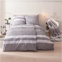 MTOnlinehandel Bettwäsche Auszeit 135x200 + 80x80 cm, 100 % Baumwolle, Biber, 2 teilig, grau gestreifte mit Schriftzug "Auszeit." Ideal als Partnerbettwäsche