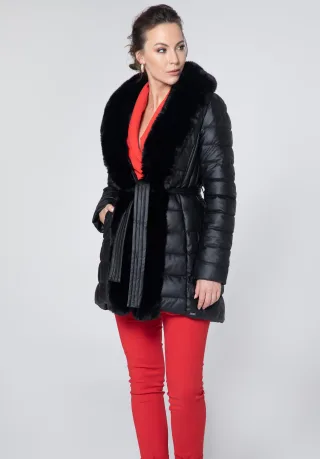 Wittchen Damen Steppjacke aus Öko-Leder mit Pelzbesatz, Schwarz