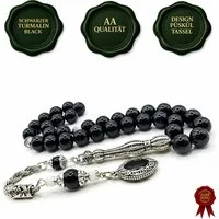 M-Punkt24 Kettenanhänger Tesbih Tespih Naturstein Küre Rund (Siyah Schwarzer Natur Turmalim, Misbah, Subha, Rosary, Gebetskette), Design Püskül, inkl. ETUI, *SONDERPREIS WEGEN PRODUKT NEUHEIT*
