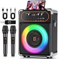 JYX Karaoke Lautsprecher mit 2 kabellosen Mikrofonen, Bluetooth Karaoke-Maschine (Disco-Licht, 12h Akku, tragbar für Party & Events)