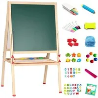 JEOBEST Standtafel Kinderstaffelei, Zweiseitiges Zeichenbrett Magnettafel, Höhenverstellbar, Holz Spieltafel mit Aufbewahrungsregal und Zubehör