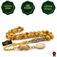 M-Punkt24 Kettenanhänger Tesbih Tespih Naturstein Küre Rund (Tigerauge Gold Gelb Milchig, Gebetskette, Rosary, Subha Misbah), Design Püskül, inkl. ETUI, *SONDERPREIS WEGEN PRODUKT NEUHEIT*