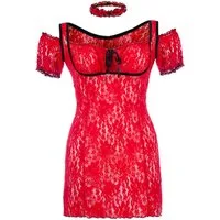 Andalea Negligé Rotes Spitzen Chemise transparent mit Schnürung Damen Negligee XXL Plu