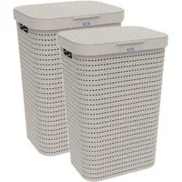 ROTHO Wäschekorb Country 2er-Set Wäschesammler 55l mit Deckel, Kunststoff (Wäscheboxset mit Deckel, 2er-Set), Lüftung, Deckel & Griffe – Wäschebehälter aus Schweizer Produktion