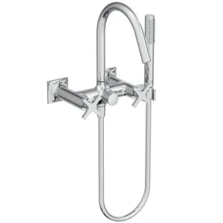 Ideal Standard Joy Neo Zweigriff-Wannenarmatur BD162AA Aufputz, mit Handbrause-Set, Ausladung 190mm, Kreuzgriffe, chrom
