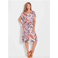 GOLDNER Sommerkleid Kurzgröße: Kurzarm-Kleid mit Ethno-Print Buntes Sommerkleid mit V-Ausschnitt, ohne Arm, Viskose, Bindegürtel