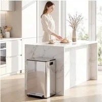 HOMCOM Mülltrennsystem Mülleimer Küche Treteimer 2x30L mit Pedal Edelstahl, 2 Fächer je 20 l, Inneneimer herausnehmbar, Softclose