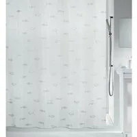 spirella Duschvorhang KOS Breite 120 cm, Premium Textil-Duschvorhang, 100% Polyester, Made in Europe, wasserabweisend, Anti-Schimmel-Effekt, waschbar 30°, Motiv "Fische", Farbe weiß-silber, mit besonderem Metallic-Effekt, Größe 120 x 200 cm