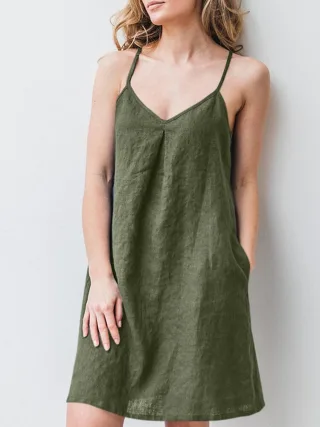 ZANZEA Solid Pocket Spaghetti Strap Backless Dress For Women