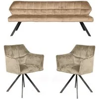 Vintagehaus Essbank Essgruppe Esstischbank + 2 Armlehnstühle Samt/Strukturstoff Raster (3 teiliges Set), Frei im Raum aufstellbar