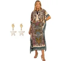 MOPUEA Strandkleid Kaftan Kleid Strandkleid Lang Einheitsgröß Ethno Atmungsaktiv+Ohrringe (1-tlg)