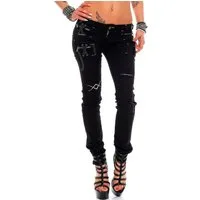 Cipo & Baxx Slim-fit-Jeans Damen Slim Fit Hose Denim BA-WD228 mit Zippern und Tribal Effekten