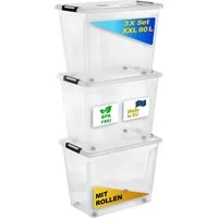 Gardissimo Aufbewahrungsbox 3 er Set mit Deckel New Clip 80 Liter Kunststoff Boxen Stapelboxen (Komplett-Set, 3 Boxen + Deckel), stapelbar und nestbar mit Rollen und Clip-Verschluss