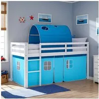 Homestyle4u Hochbett mit Rutsche 90x200 Kinderbett Jungen Kiefer Weiß Blau Treppe Vorhang (Komplett-Set mit Lattenrost und Tunnel, Matratze mit OEKO-TEX® Standard 100) mit Rausfallschutz, Blau, Junge