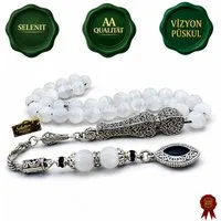 M-Punkt24 Kettenanhänger Tesbih Tespih Naturstein Küre Rund (Selenit Weiß Milchig, Gebetskette, Rosary, Subha Misbah), Design Püskül, inkl. ETUI, *SONDERPREIS WEGEN PRODUKT NEUHEIT*