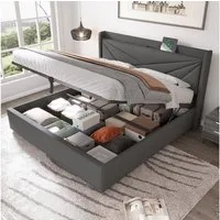 TavilaEcon Boxspringbett mit Bettkasten und USB Typ C, Größe wählbar von 140 bis 180 ×200 cm, 160x200cm, aus Leinenmaterial, Grau