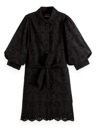 Scotch & Soda - Minikleid mit gepufften Ärmeln und Lochstickerei schwarz - Gr. - 36
