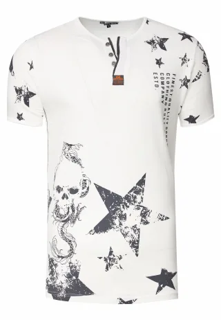 Rundhals Henley T-Shirt mit Prints und Knopfleiste