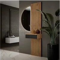 Planetmöbel Konsolentisch AMYRA Flur Garderobe Spiegel mit Beleuchtung & Akustikpaneele (LED Spiegel Nivora 50 x 100 cm, Touch-Funktion, Dimmbar, Konsolentisch in Schwarz Geriffelt 50 cm mit LED Spiegel NIVORA), und Akustikpaneele 2 x 120cm