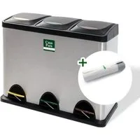 Floordirekt Mülleimer Küche, Trennsystem Brandon mit 3 Fächer, Edelstahl Abfalleimer, Farbmarkierungen für Mülltrennung - 3x 8L – 24L inkl. Müllbeutel