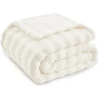 Wohndecke Kuscheldecke 150x200 weiß, Fleecedecke weich, Topfinel, dicke Decke, Wolldecke Sofadecke, luxuriös gestreift Muster