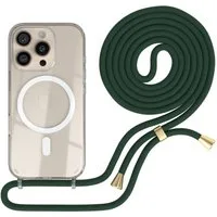 EAZY CASE Handykette mit Magsafe Hülle für Apple iPhone 16 Pro 6,3 Zoll, Handykette zum Umhängen Ladehülle mit Kordel Rundes Band Grün Gold