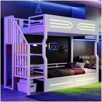 Flieks Etagenbett, Metallbett Kinderbett 90×200cm mit LED-Beleuchtung und Stauraumtreppe