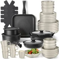 tectake Kochbesteck-Set Küchenstarterset aus Steingut mit Glasur, hitzebeständig und (Geschirrset Una/Parma, 47-tlg., Kochtopf, Bratpfanne), Hitzebeständige, abnehmbare Griffe, Deckel mit Dampfablassloch