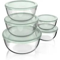 Arendo Salatschüssel 5x Glasschüsseln + Deckel 1L, 1,5L, 2L, 2,7L & 4,4L, Glas Rührschüssel, Glas, (5er Set, 5-tlg), Glasschale, BPA-frei, spülmaschinen- und mikrowellengeeignet