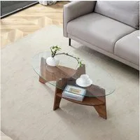 STILVORA Couchtisch Ovaler Kaffeetisch aus Sicherheitsglas mit integrierter Ablagefunktion (Kaffeetisch aus Sicherheitsglas, multifunktionales Design, Fächerförmiges Gestell.Tischbeine aus MDF mit schwarzer Holzoptik), für Esszimmer,Büro