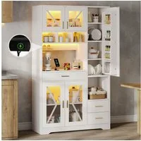 Flieks Küchenbuffet mit Steckdosen, LED-Beleuchtung und verstellbaren Einlegeböden (1-St., B105/T40/H185 cm) Hochschrank Küchenschrank mit Glastüren und Schubladen Weiß