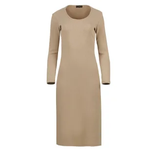 Langärmliges Midikleid mit Rundhalsausschnitt aus gerippter Baumwoll-Elastan-Mischung in Beige