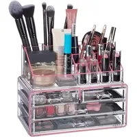relaxdays Make-Up Organizer mit 4 Schubfächern, 2-tlg., Pink-Streifen