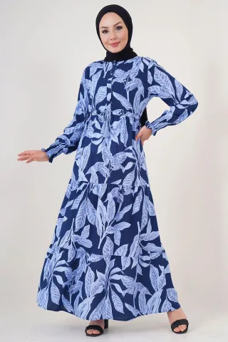 Blätterdruck Langarm Schichten-Maxikleid