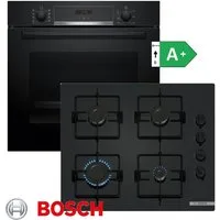 BOSCH Gasherd-Set Einbau Autark Backofen Schwarz + GAS Glas Kochfeld, mit 1-fach-Teleskopauszug