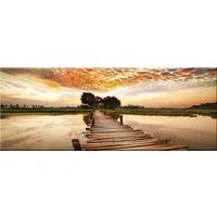 artissimo Glasbild Bild aus Glas 80x30 cm / Wandbild Querformat / Wanddeko modern, Landschaft: Steg im Sonnenuntergang in Orange und Gold