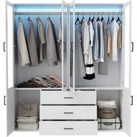 FUROKOY Kleiderschrank Weißer Schrank Schlafzimmerschrank aus Holz (Garderobe Wäscheschrank Mit 4 Transparenten Türen und 3 Schubladen) Mehrzweckschrank für Schlafzimmer, 160 x 52 x 182 cm