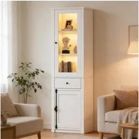 Merax Glasvitrine mit LED, Vitrine schmal Hochschrank (Wohnzimmerschrank, Bücherregal, Aufbewahrungsschrank, 1-St., 40x55x200cm) Standvitrine mit 3 Glasböden, 1 Glastüren, 1 Holztür und Schublade
