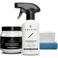 CREVIVE Lederpflegeset (SPARSET 4-teilig, Lederreparatur, sehr ergiebig), 300 ml Lederbalsam + 250 ml Lederreiniger mit Aloe Vera, Lederpflege